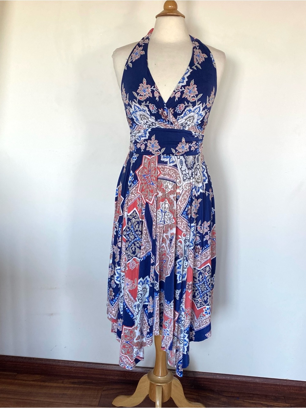 Soma Halter Midi Dress Handkerchief Hem in Navy and Coral Medium